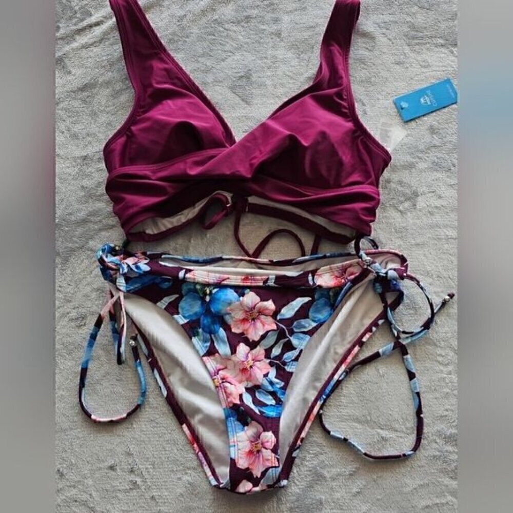 36.🆕XL Wrapped Tank Bikini Top, Lace-up Back & Floral Bikini Bottom NWT - Picture 2 of 5